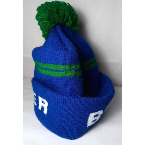 Bayer Pharmaceuticals Hat Knit Beanie Boggin Blue Green Pom Pom Vintage USA Made - Picture 4 of 11